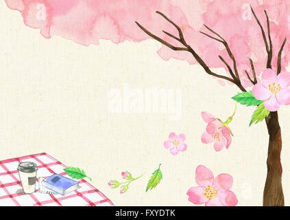 Aquarell Hintergrund des Kalenders mit Kirschblüten und Kaffee und Bücher auf einer Matte Stockfoto