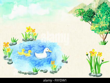 Aquarell Hintergrund des Kalenders mit Enten in einem Teich Stockfoto