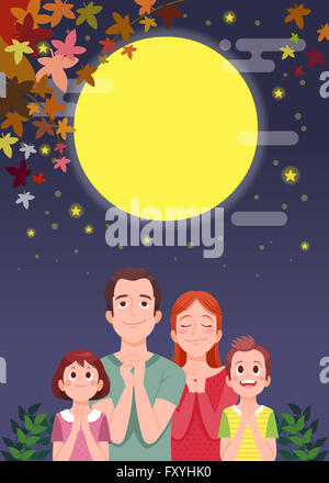 Textfreiraum von Vollmond und eine Familie, die betet unter dem Mond in Abbildung Stockfoto