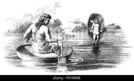 Prähistorische Briten mit Coracle, kleinen und leichten Booten, 1. Jh. v. Chr. Stockfoto