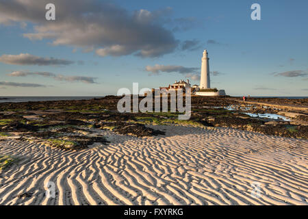 Str. Marys Leuchtturm in Whitley Bay im Nordosten Englands an einem knackig klaren Abend bei Ebbe mit Linien in den sand Stockfoto