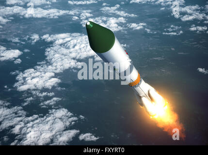 Träger-Raketenstart In den Wolken. 3D Szene. Stockfoto