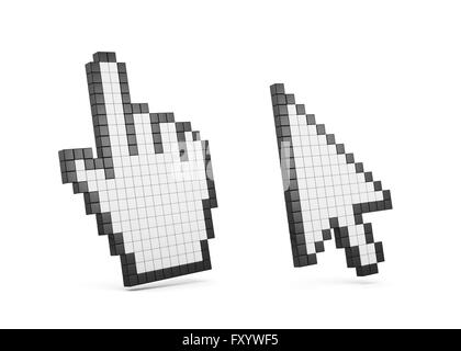 Computer Cursor Hand und Pfeil weiß und schwarz-Boxen Set isoliert auf weißem Hintergrund mit Schatten. 3D-Rendering Stockfoto