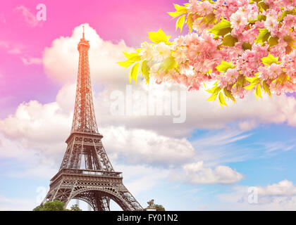 Eiffelturm Paris gegen bunte Sonnenuntergang Himmelblau. Blühenden Frühling Kirsche Baum. Vintage-Stil getönten Bild Stockfoto