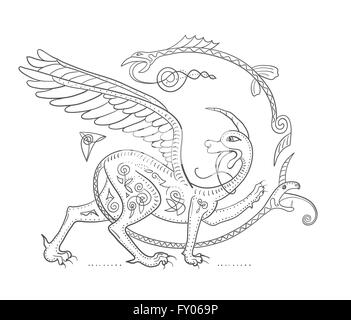 Griffin Fantasy Monster Kreatur. Mittelalterliche Illustration Kreis dekorative Komposition Stockfoto