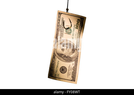 Cut Out A 100 Dollar bill hängen an einem Angelhaken isoliert auf weißem Hintergrund Stockfoto