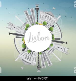 Lissabon Stadt Skyline mit grauen Gebäuden, blauer Himmel und Textfreiraum. Vektor-Illustration. Stock Vektor