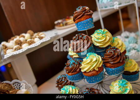 Vanille und Schokolade Cupcakes in natürlichem Licht Stockfoto