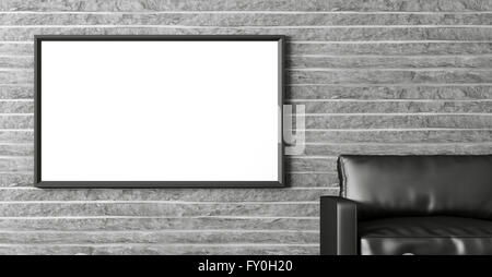 Modernes Interieur mit Plakat und schwarzes Sofa über stone wall 3D-Rendering Stockfoto