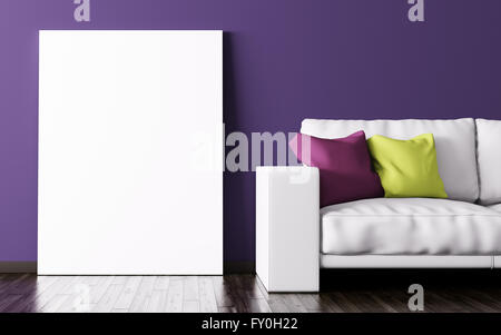 Innenraum des Wohnzimmers mit Poster und weißen Sofa gegen lila Wand 3D-Rendering Stockfoto