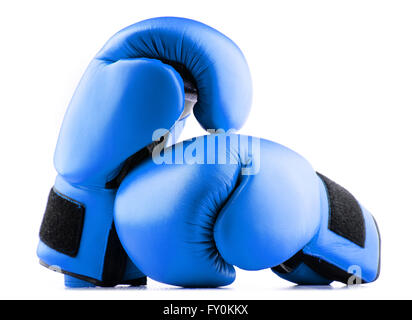 Paar blaue Leder Boxhandschuhe auf weißem Hintergrund Stockfoto