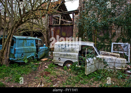 Die Reste eines Robin Reliant, Vintage, die vans langsam verrotten in einem kleinen Bauernhof, die seit 30 Jahren unberührt. Stockfoto