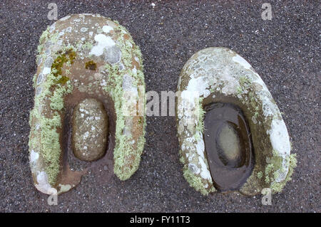 Jarlshof Ruinen, Stein-Mörtel & Stößel aus ausgegrabenen eisenzeitlichen Siedlung, Shetland-Inseln, Schottland Stockfoto