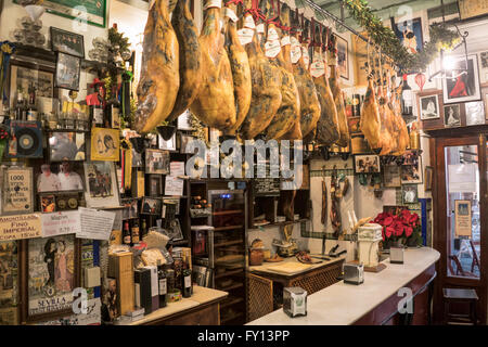 Las Teresas, Tapasbar, Iberico Schinken von der Decke hängen, Jamon de Bellota, Altstadt, Barrio Santa Cruz, Sevilla, eine Stockfoto