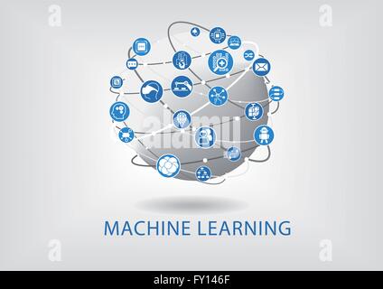 Machine Learning Infografik. Vernetzte Intelligenz Geräte mit Globus. Stock Vektor