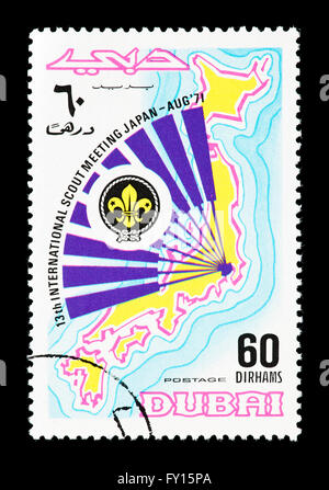 Briefmarke aus Dubai ausgestellt für 13' th International Scouting Jamboree in Japan (1971). Stockfoto