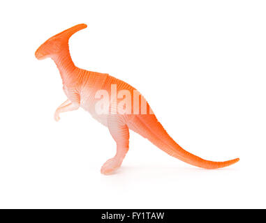 Seite Ansicht orange Parasaurolophus Spielzeug auf weißem Hintergrund Stockfoto