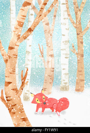 Fuchs im verschneiten Wald in Abbildung Stockfoto