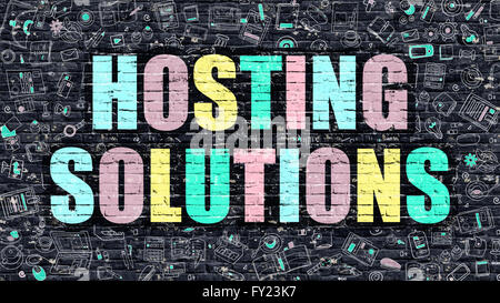 Hosting-Lösungen-Konzept mit Doodle Design-Ikonen. Stockfoto
