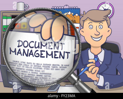 Dokumenten-Management durch Lupe. Doodle-Konzept. Stockfoto