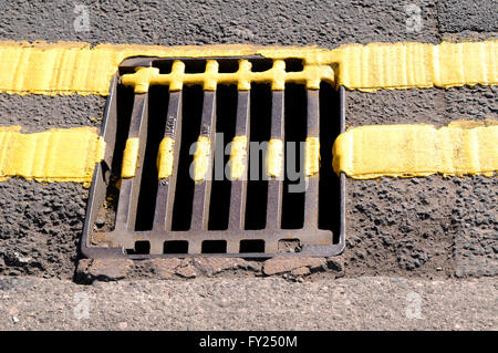 doppelte gelbe Linien über am Straßenrand Abfluss Stockfoto