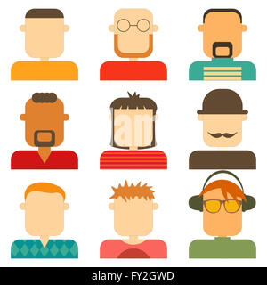 Menschen die flache Symbolsammlung. Bunte männlichen Gesichtern Set Isolated on White Background.  Abbildung. Stockfoto