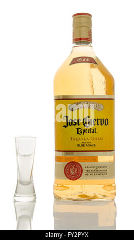 Winneconne, Wisconsin - 10. März 2016: eine Flasche von Jose Cuervo Tequila Gold mit einem Schnapsglas leeren Stockfoto