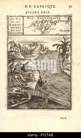 Nil-DELTA: Karte mit Städten. Blick auf den Fluss mit Krokodilen. Ägypten. MALLET, 1683 Stockfoto