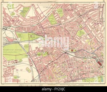 LONDON: Kilburn St John's Wood Maida Vale Bayswater Notting Hill, 1930 alte Karte Stockfoto