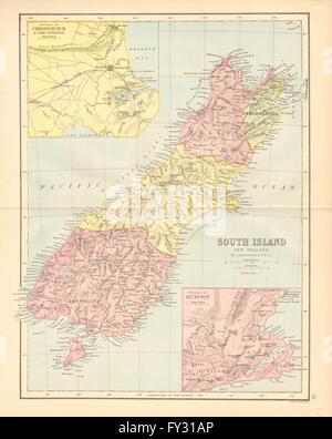 SOUTH ISLAND NEUSEELAND. 1870 Provinzen zeigt. Dunedin-Christchurch, 1876-Karte Stockfoto