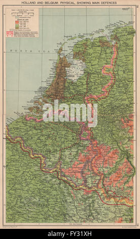 Weltkrieg 2: & Belgien Niederlande Abwehrkräfte. Maginot & Siegfried Linien, 1940 Karte Stockfoto