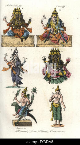 Hindu-Götter Brahma, Vishnu und Shiva, Trimurti einschließlich. Handkoloriert Kupferstich gezeichnet und gestochen von Andrea Bernieri aus Giulio Ferrarios Antike und moderne Kostüme aller Völker der Welt, Florenz, Italien, 1844. Stockfoto
