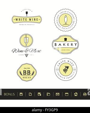 Logos setzen. Vektorelemente, Firmenschilder, Logos, Identität, Etiketten, Abzeichen und Objekte. Stock Vektor