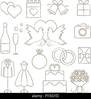 Künstlerische Hand gezeichnete Hochzeit bezogenen Vektor-Icons set Stock Vektor