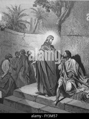 Neuen Testaments. Der dumme Mann heilte Jesus besaß (Matthäus 12,22). Stich von Gustave Dore. Stockfoto