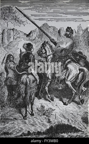 Don Quijote von Miguel de Cervantes. Don Quixote, Sancho und die Prinzessin Dorotea. Stich von Gustave Dore. Stockfoto