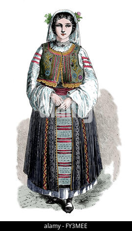 Rumänisch. Weibliche Tracht. 1860. Gravur. des 19. Jahrhunderts. Spätere Färbung. Stockfoto