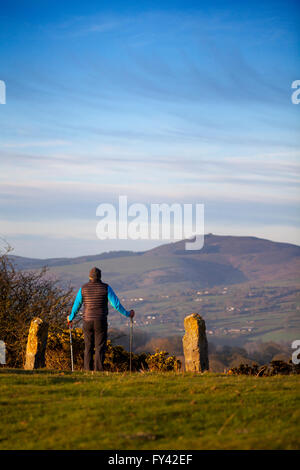 Flintshire, North Wales, UK. 21. April 2016. Großbritannien Wetter - Walker genießen Sonnenaufgang über Clwydian Hügel auf was könnte ein weiterer heißer Tag, Flintshire, North Wales, UK Stockfoto