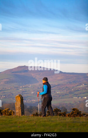 Flintshire, North Wales, UK. 21. April 2016. Großbritannien Wetter - Walker genießen Sonnenaufgang über Clwydian Hügel auf was könnte ein weiterer heißer Tag, Flintshire, North Wales, UK Stockfoto