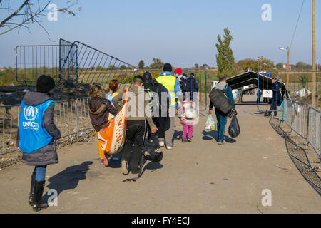 Flüchtlinge, Serbo-Kroatisch Grenzübertritt zwischen Berkasovo (Serbien) und Bapska (Kroatien) Stockfoto