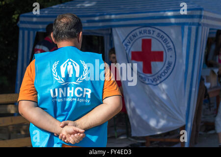 UNHCR-Mitarbeiter warten auf die Ankunft des Busses von Flüchtlingen in Berkasovo, an der Grenze der Serbo-Kroatisch Stockfoto