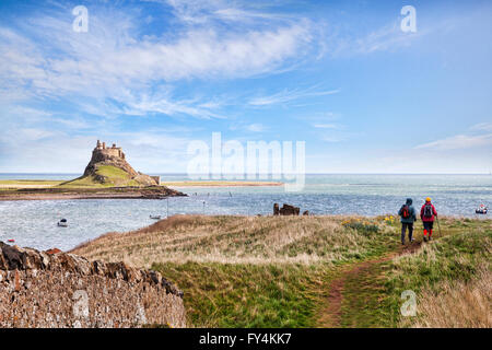 Wanderer zu Fuß auf Lindisfarne Heugh, heilige Insel, Northumberland, England, UK Stockfoto