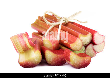 Bündel von Rhabarber Stängel auf weißem Hintergrund Stockfoto