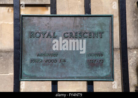 Eine Gedenktafel an der Royal Crescent in der Stadt Bath, Somerset. Stockfoto