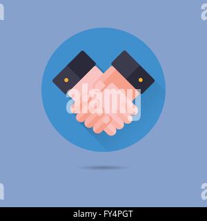 Geschäftsleute Handshake flache Designikone lange Schatten im Kreis, blauer Hintergrund Stock Vektor