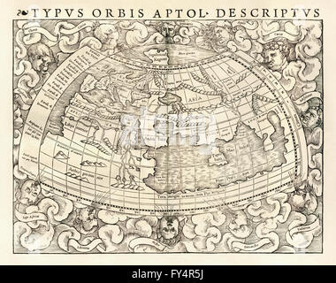 "Typus Orbis A Ptol. Desciptus Weltkarte nach Claudius Ptolemäus (100-170), Greco-ägyptische Geograph und Kartograph. Siehe Beschreibung für mehr Informationen. Stockfoto