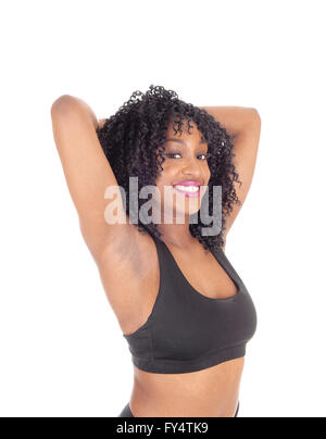 Ein Closeup Portrait einer schönen afroamerikanische Frau mit lockiges schwarzes Haar, in Übung BH, lächelnd, isoliert für weiße bac Stockfoto