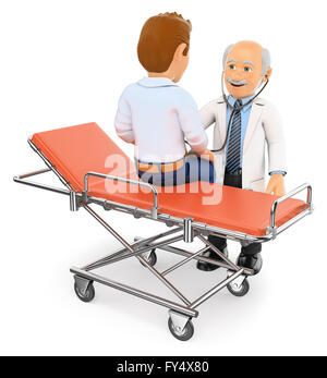 3d-medizinische Leute. Arzt auscultating ein Patient auf einem gurney. weißem Hintergrund. Stockfoto