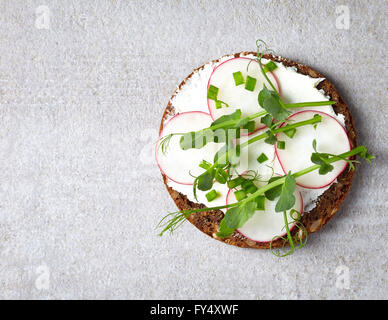 Gesunde Sandwiches mit Multi-Korn-Brot, Frischkäse und Grüns, Ansicht von oben Stockfoto