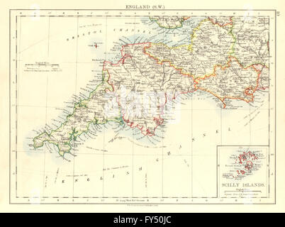 SOUTH WEST ENGLAND. Devon Cornwall Dorset Somerset.Telegraphs. JOHNSTON, 1906-Karte Stockfoto